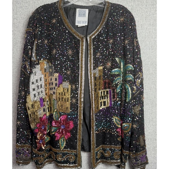 Vintage 80s Arabian Night Black Beaded Sequin Jacket Silk L /XL NWOT Christmas - Picture 1 of 11